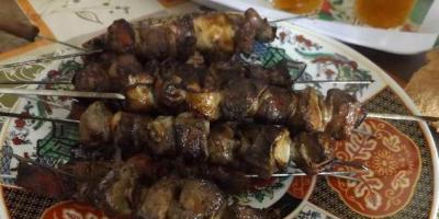 Lamb liver shashlik on the grill