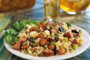 Salad with fried potatoes and sausage 