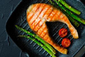 Salmon steak in a pan