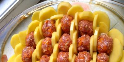 Potato casserole with tender meat balls Potato casserole with meat balls and tomatoes