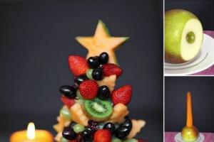 새해 식탁을 위한 오리지널 요리 – “야채와 과일로 만든 크리스마스 트리”